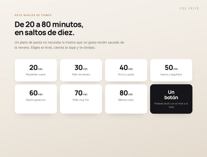 Los siete niveles de tiempo de calentado, de 20 a 80 minutos