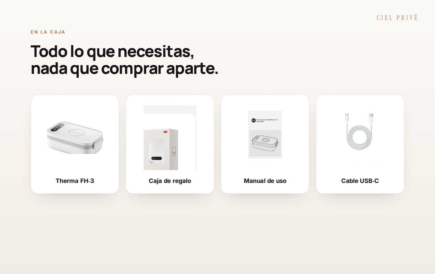 Contenido de la caja: fiambrera, manual y cable USB-C