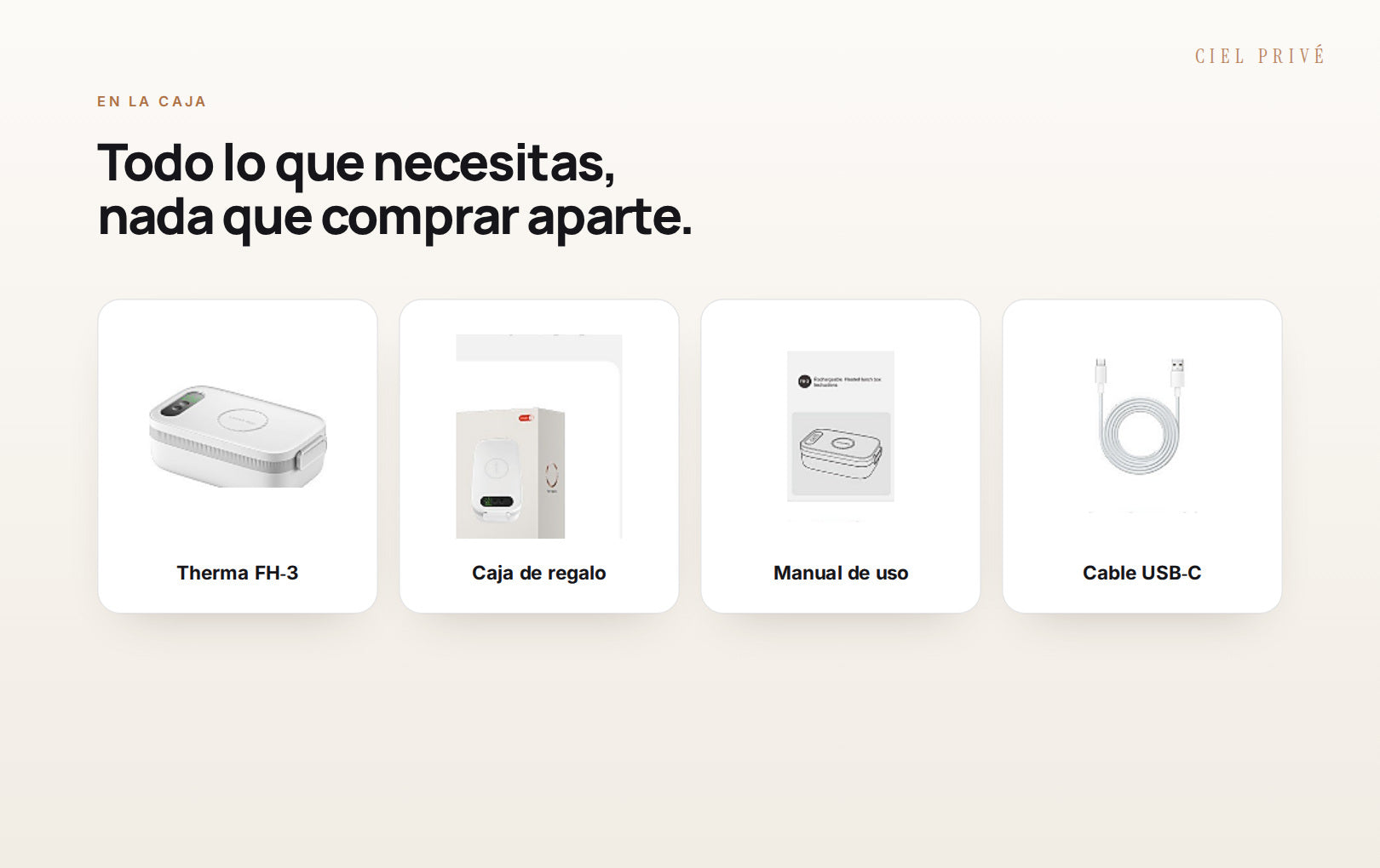 Contenido de la caja: fiambrera, manual y cable USB-C