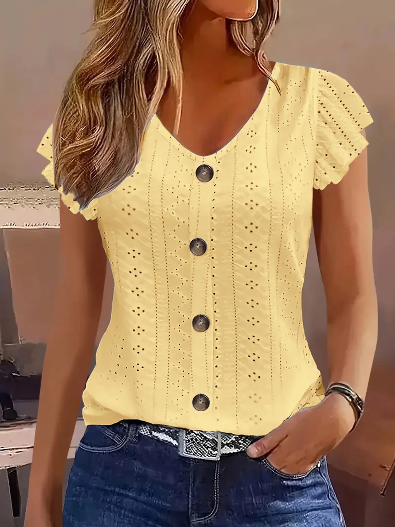 Camiseta Manga Mariposa Cuello en V — Color Liso | Primavera/Verano