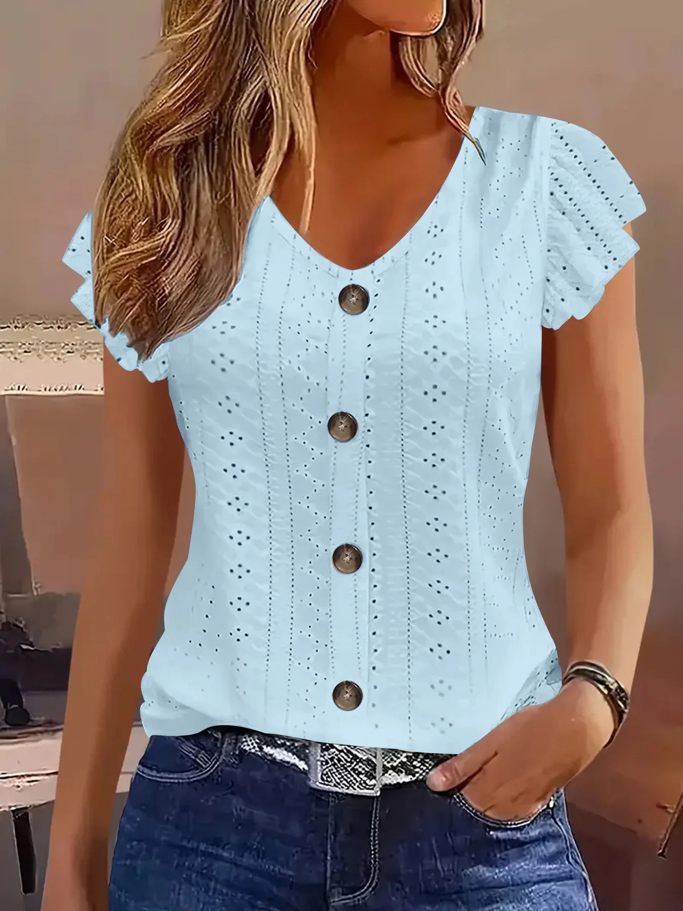 Camiseta Manga Mariposa Cuello en V — Color Liso | Primavera/Verano