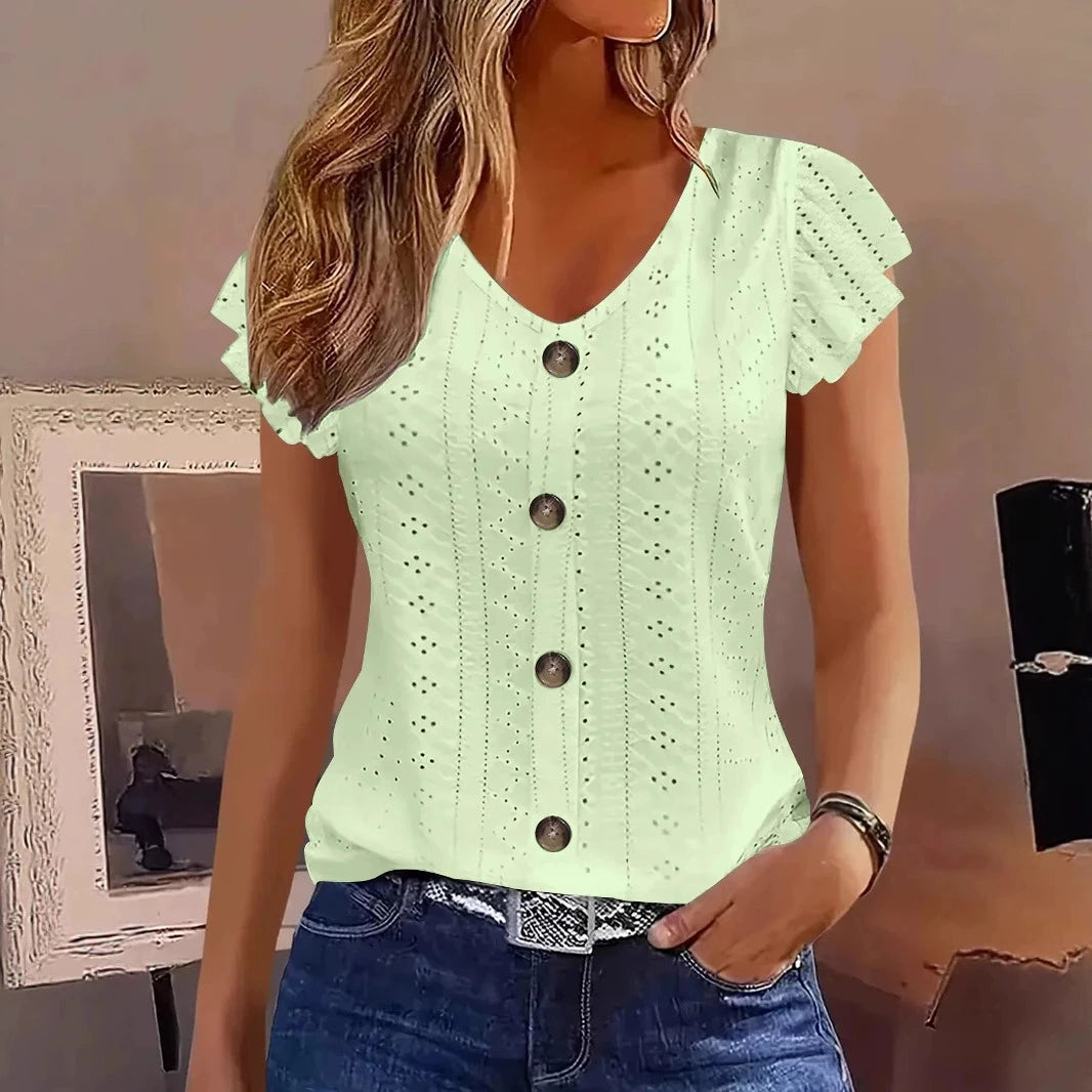 Camiseta Manga Mariposa Cuello en V — Color Liso | Primavera/Verano
