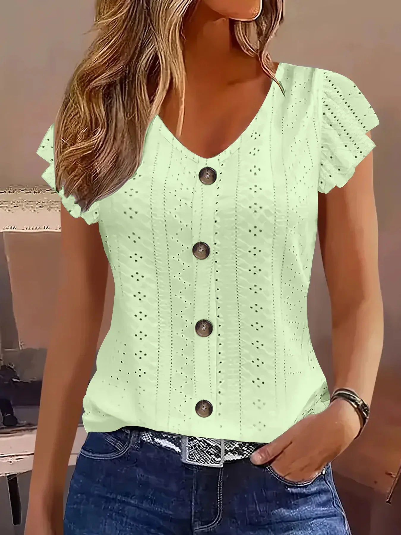Camiseta Manga Mariposa Cuello en V — Color Liso | Primavera/Verano