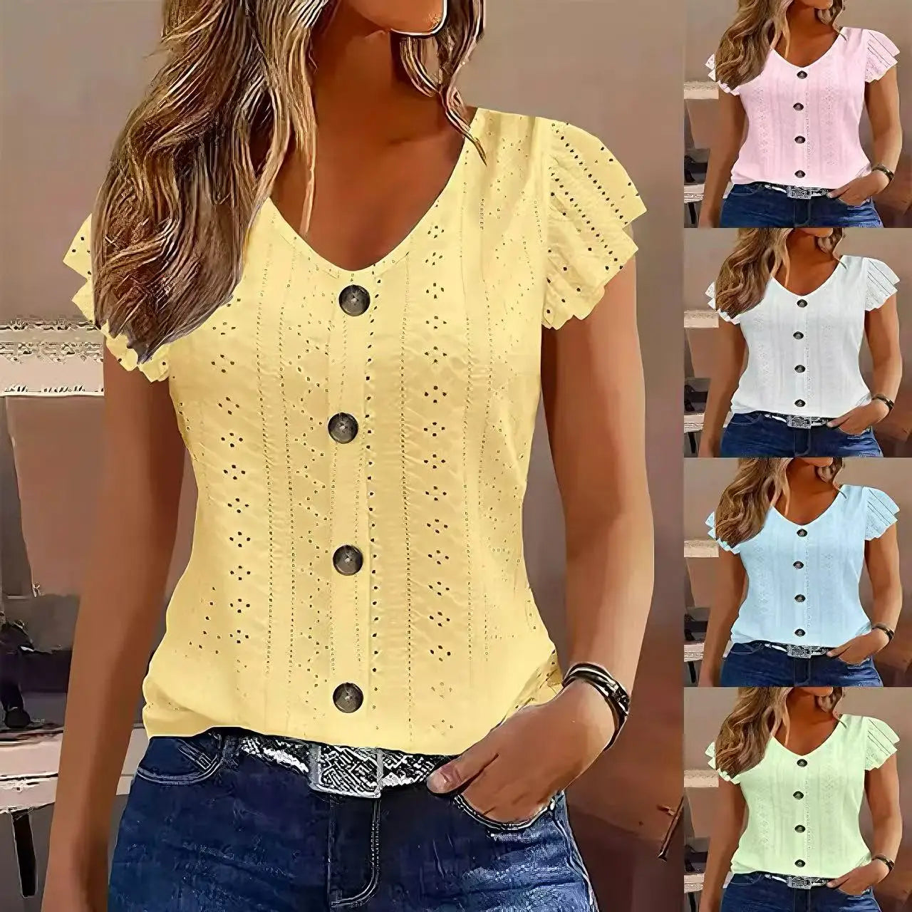 Camiseta Manga Mariposa Cuello en V — Color Liso | Primavera/Verano