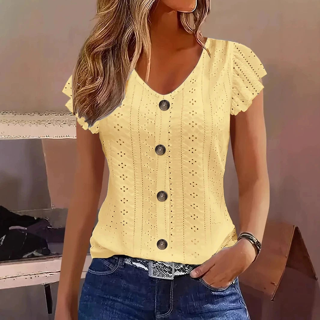 Camiseta Manga Mariposa Cuello en V — Color Liso | Primavera/Verano