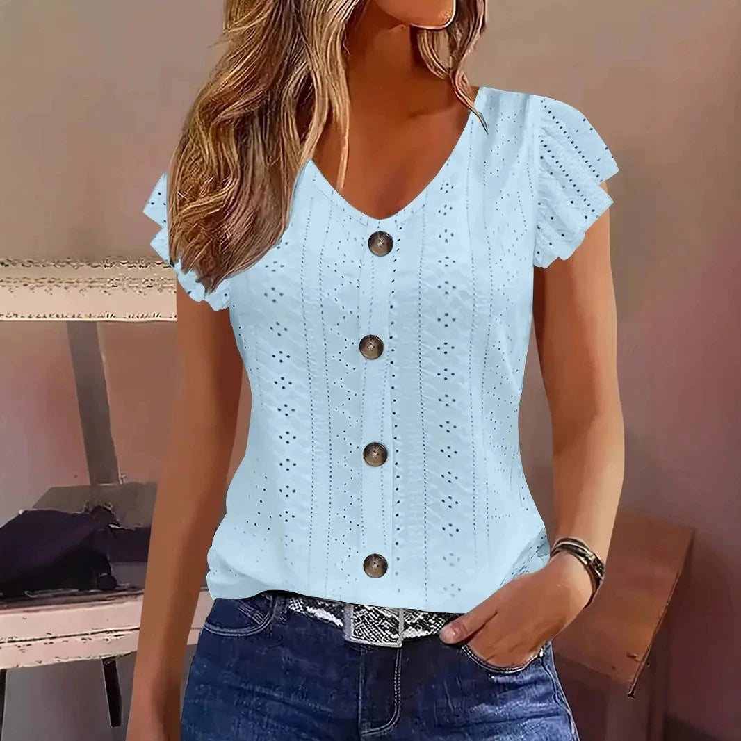 Camiseta Manga Mariposa Cuello en V — Color Liso | Primavera/Verano
