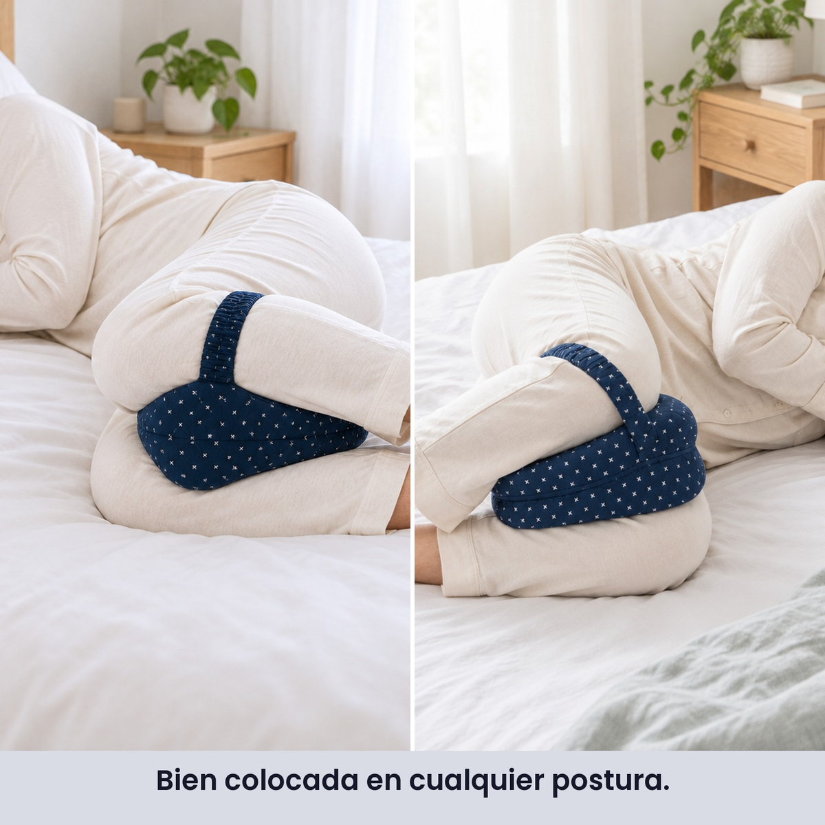 Almohada de rodillas Ciel Privé bien colocada entre las rodillas en dos posturas